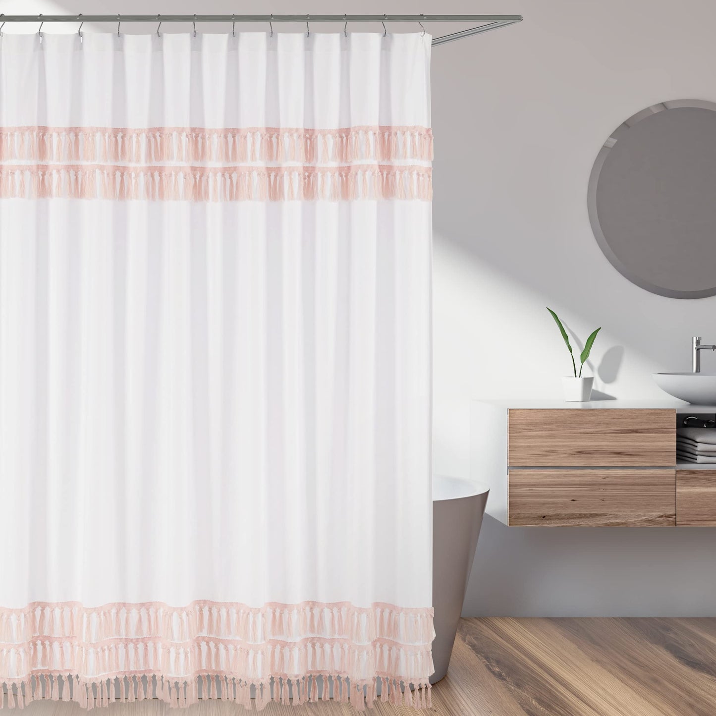 Boho Bohemian Bathroom Fabric Bath Shower Curtain  Blush Pink and White Farmhouse Shabby Chic Designer Modern Minimalist Tel Fringe Macrame Cotton
