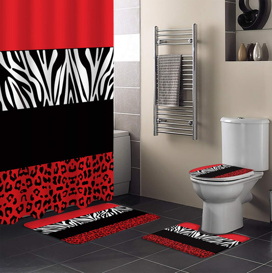 4 Piece Shower Curtain Sets Stylish Zebra Leopard Red Retro Art Illustration Stripes Non- Rug, Tet Lid Cover, Bath Mat Waterproof Shower Curtain Bathroom Sets with 12 Hooks Bath Decor
