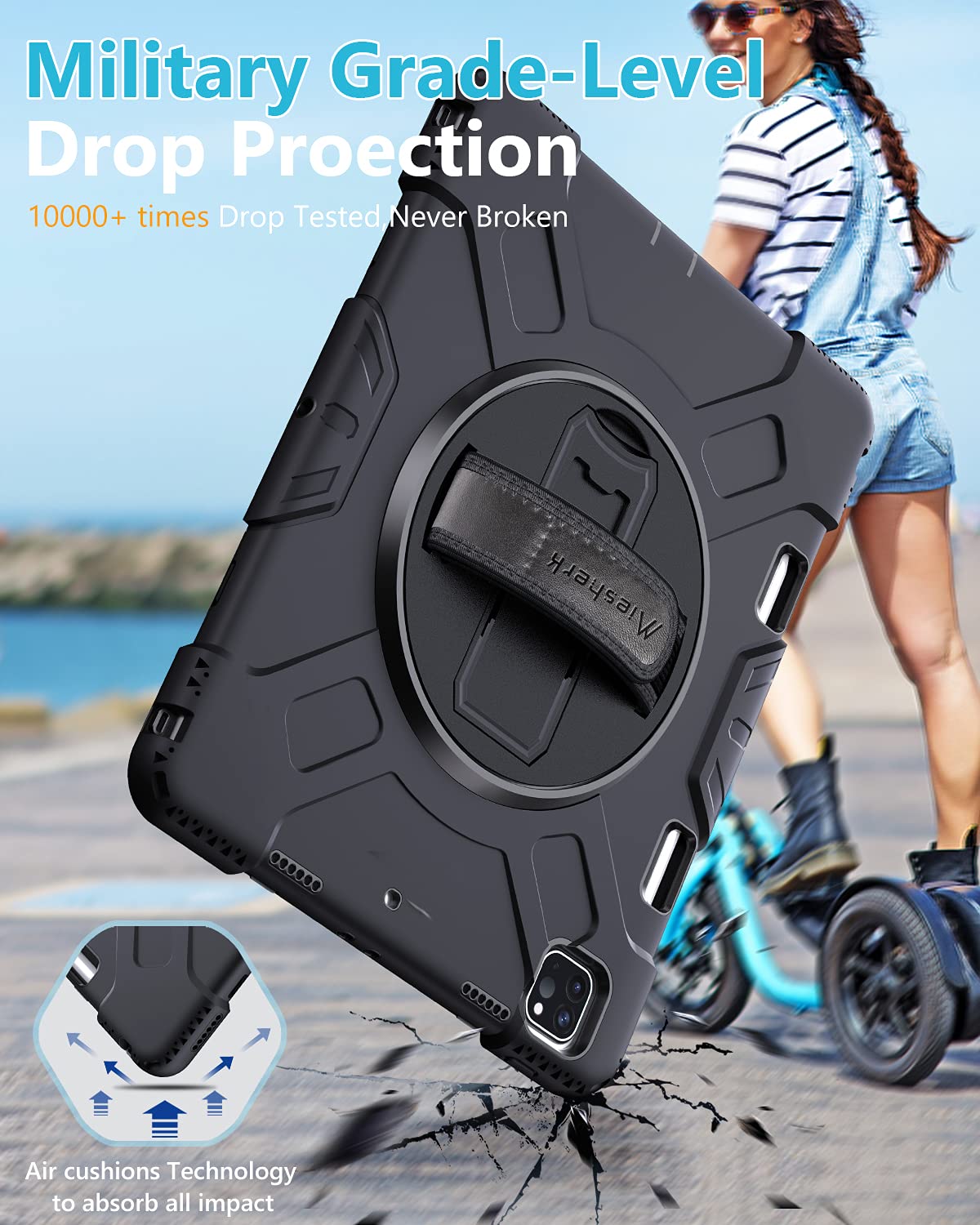 iPad Pro 12.9 Case 2021 5th Generation: Military Grade Shockproof Silicone Protective Cover for iPad 12.9 Inch 5th Gen w/Pencil Holder Stand - Handle - Shoulder Strap Black