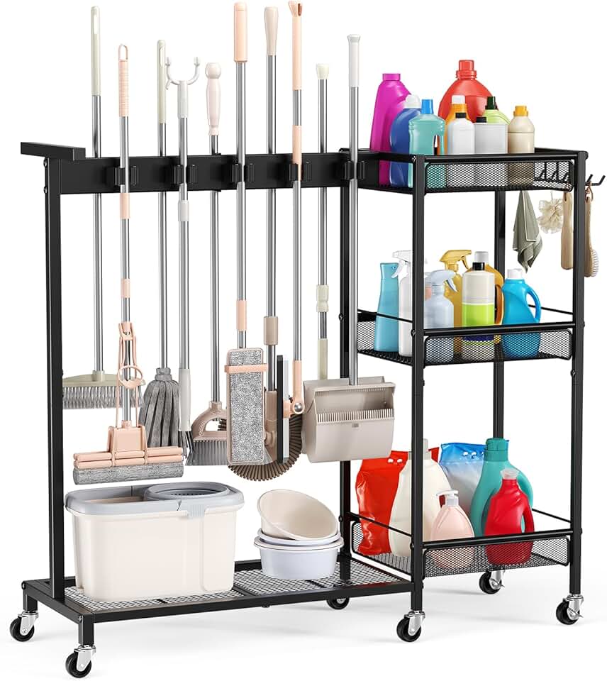 Cleaning Supplies Organizer with Broom Holder and Shelves