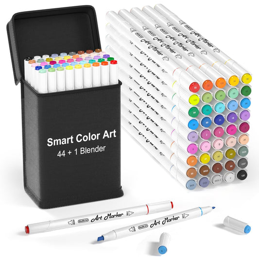 45 Pack Alcohol-Based Dual Tip Markers with Blender and Case
