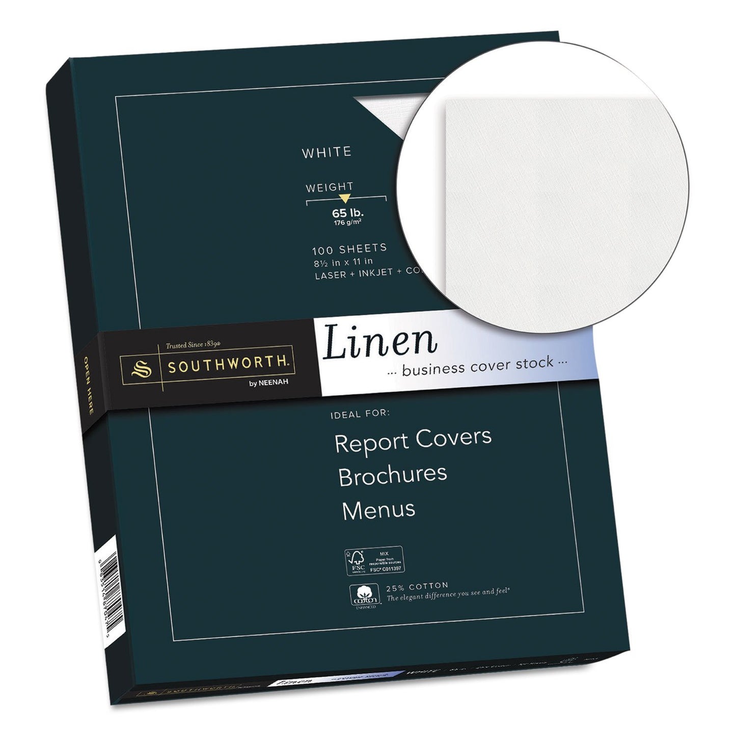 White 65 lb 8.5 x 11 Cotton Linen Coverstock, 100 sheets