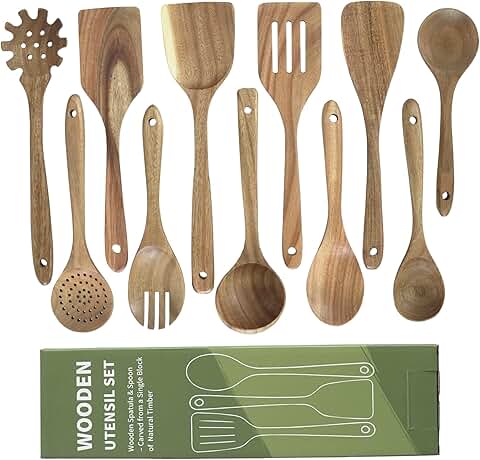 11-Piece Natural Acacia Wooden Kitchen Utensil Set