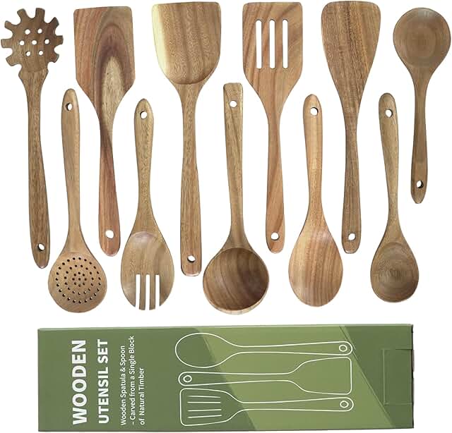 11-Piece Natural Acacia Wooden Kitchen Utensil Set