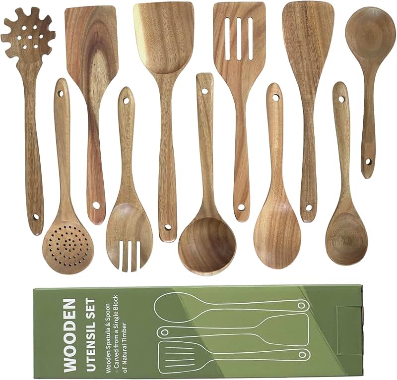11-Piece Natural Acacia Wooden Kitchen Utensil Set