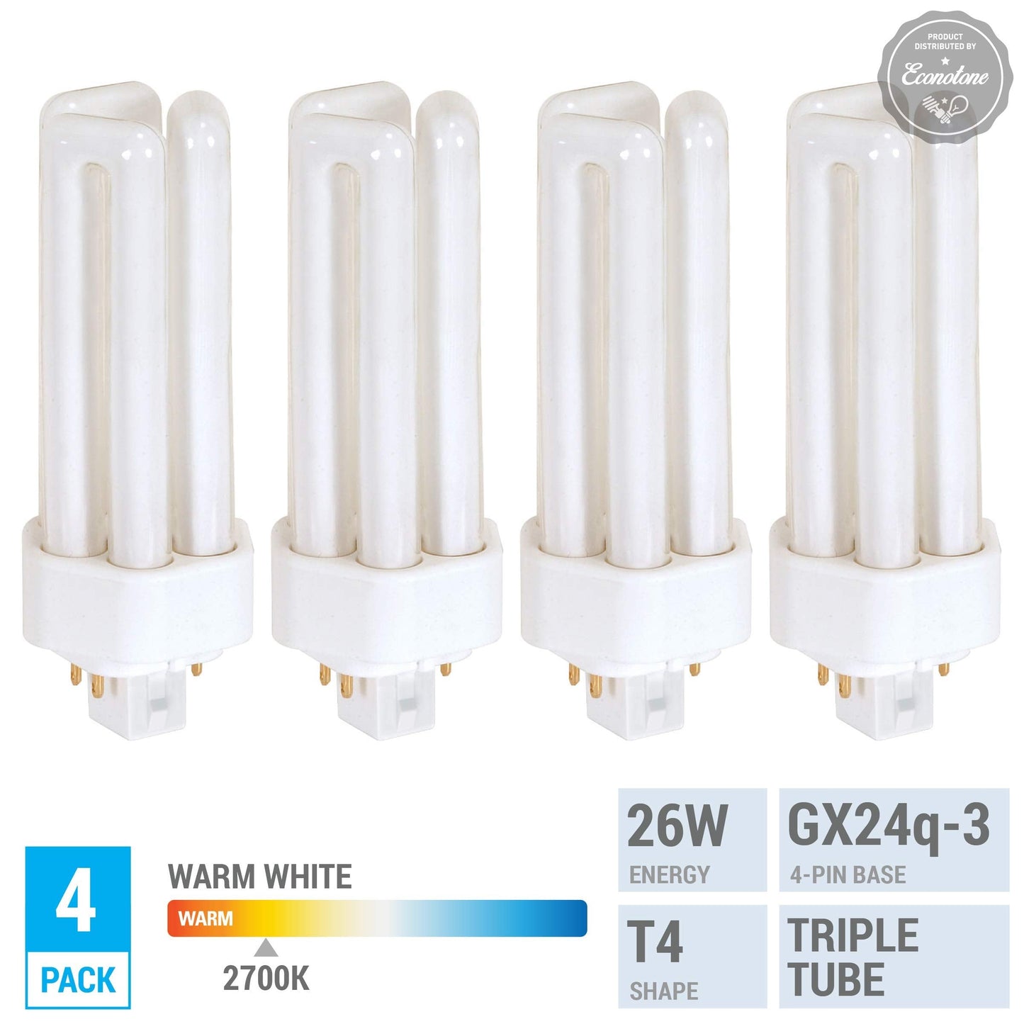 (Pack of 4) 26 Watt Triple Tube - GX24Q-3 (4 Pin) Base - 2700K Warm White - CFL Light Bulb - Replaces 20879 CF26DT/E/IN/827 - 458240 PL-T 26W/827/4P/ALTO - GE 97614 F26TBX/827/A/ECO