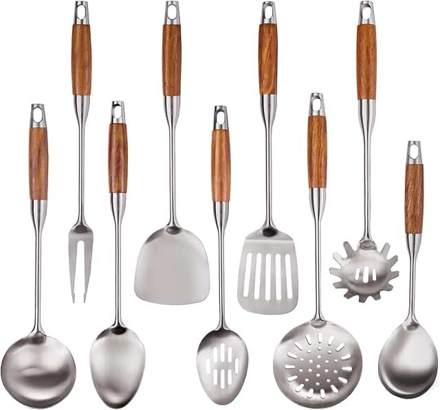 9-Piece Stainless Steel Kitchen Utensil Set with Wooden Handles