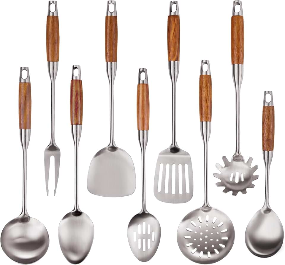 9-Piece Stainless Steel Kitchen Utensil Set with Wooden Handles