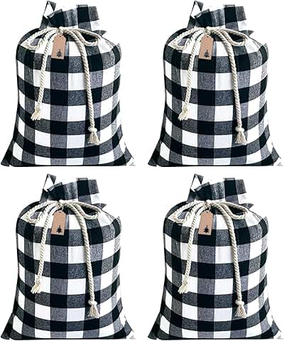 Set of four large Christmas gift bags in black and white plaid