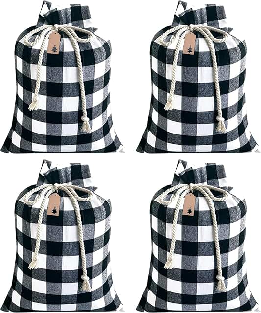 Set of four large Christmas gift bags in black and white plaid