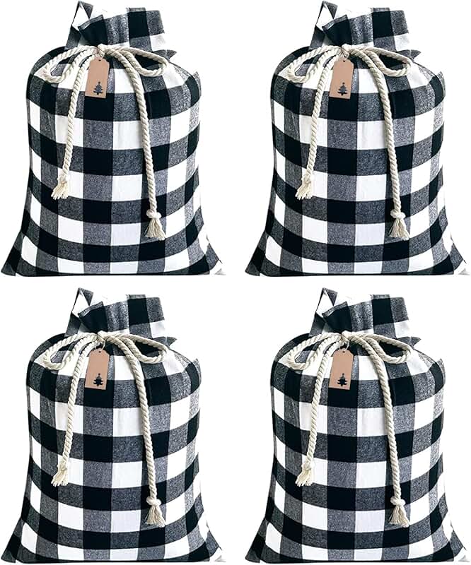 Set of four large Christmas gift bags in black and white plaid