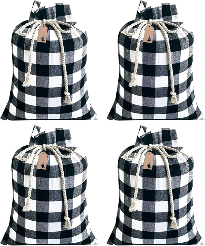 Set of four large Christmas gift bags in black and white plaid