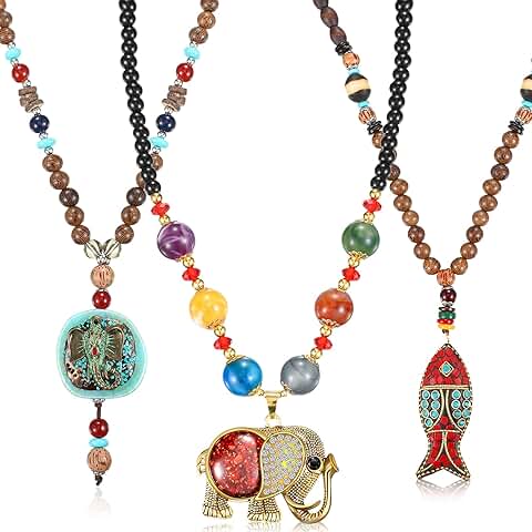 Set of 3 Boho Long Wooden Beaded Necklaces for Women