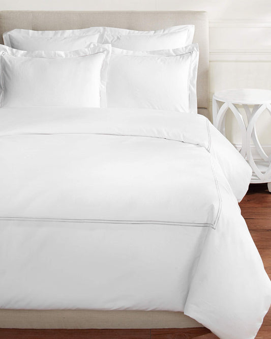 Melange 600 Thread Count Sateen 100% Cotton 2 Stripe Embroidery Duvet Set, Full/Queen, Grey on White