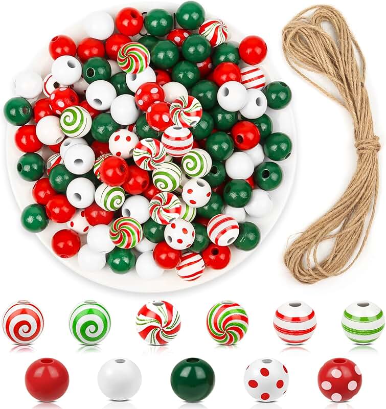 320 Wooden Christmas Beads with Jute Twine for Crafts and Decorations