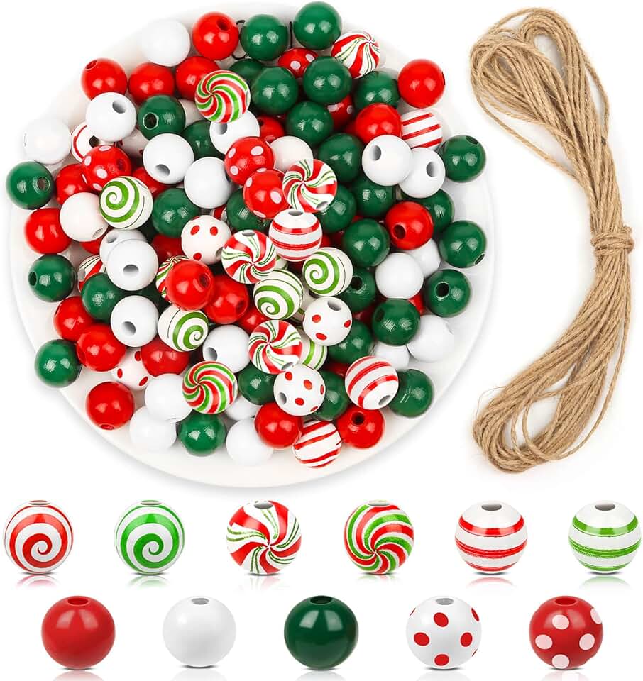 320 Wooden Christmas Beads with Jute Twine for Crafts and Decorations