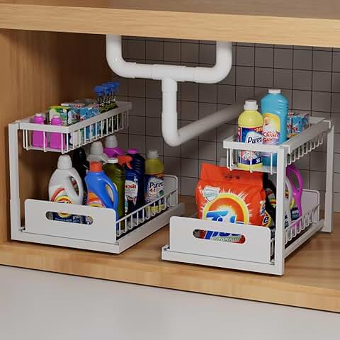 Two-Tier Under Sink Slide Out Organizer, White, 2 Pack