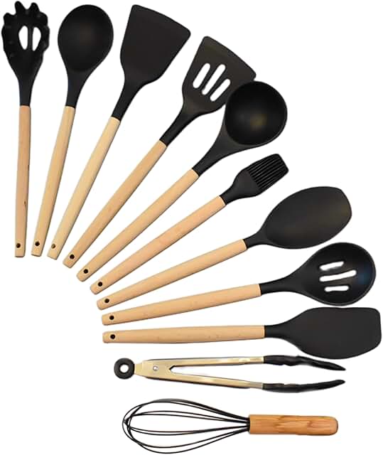 12-Piece Silicone Kitchen Utensil Set with Wood Handles