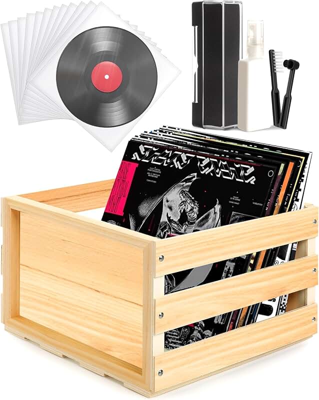 Vinyl Record Storage Crate with Sleeves and Cleaning Kit