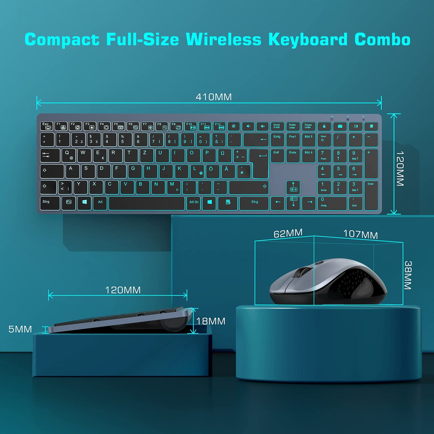 Wireless Keyboard and Mouse Combo Rechargeable, Full Size Wireless Keyboard with Backlit, 2.4G Silent USB Wireless Keyboard Mouse Combo [with USB C Adapter] for Windows, Mac OS Desktop/Laptop/PC