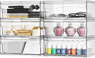 Six clear stackable storage drawers for bathroom and desk organization