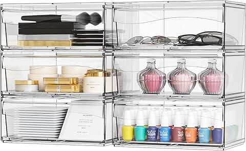 Six clear stackable storage drawers for bathroom and desk organization