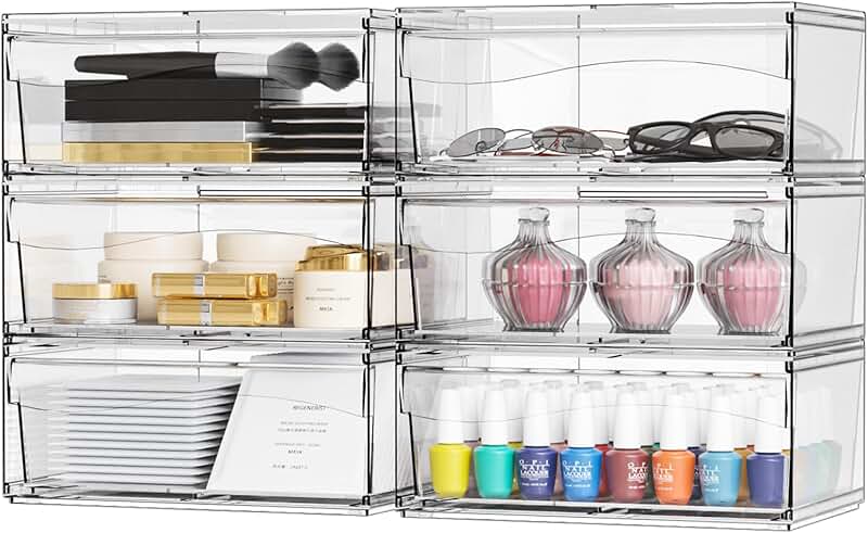 Six clear stackable storage drawers for bathroom and desk organization