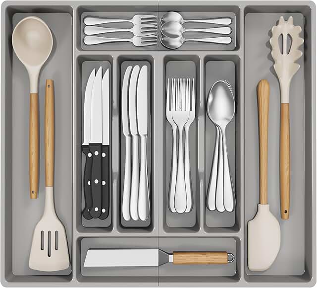 Gray 8-Compartment Plastic Silverware Organizer, 20x16 Inches