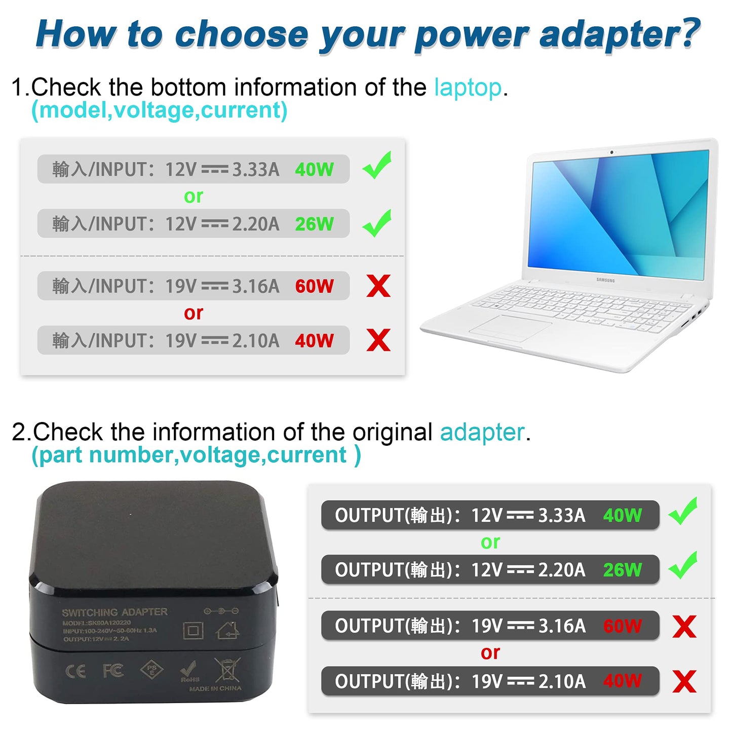 40W AC Adapter Charger for Samsung 11.6-inch Chromebook 2 3 XE500C13 XE303C12 XE500C12 PA-1250-98 BA44-00322A 303C 500C 503C XE303C12-A01US XE500C13-K03US XE500C13-K02US Laptop Power Supply Cord