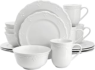 16-Piece Embossed Rim White Porcelain Dinnerware Set