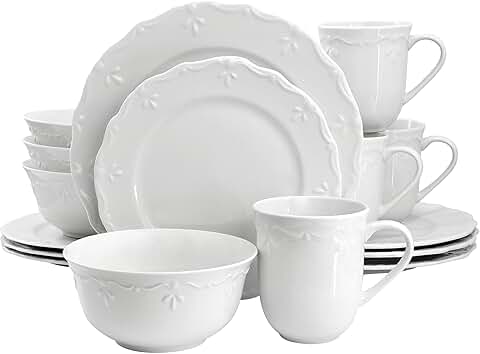 16-Piece Embossed Rim White Porcelain Dinnerware Set