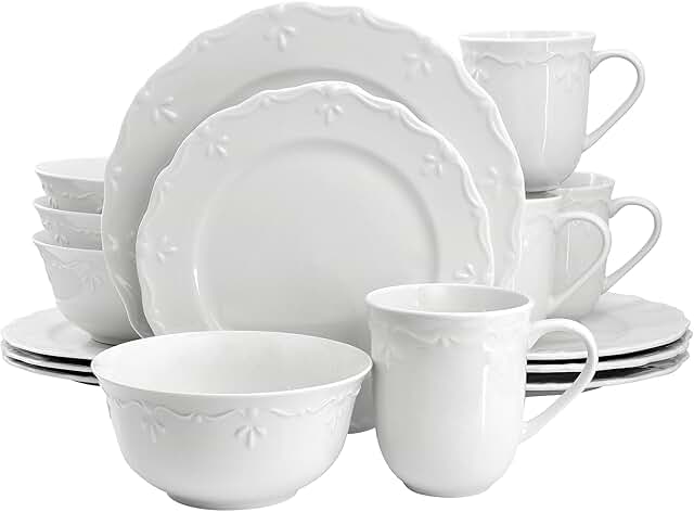 16-Piece Embossed Rim White Porcelain Dinnerware Set