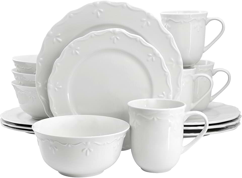 16-Piece Embossed Rim White Porcelain Dinnerware Set