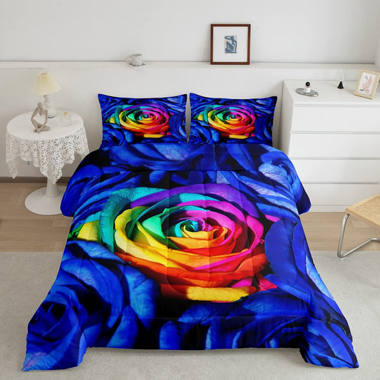 Rainbow Rose Comforter Set Colorful Flower Bedding Set for Girl Women Trendy Romantic Blue Rose Duvet Set Botanical Comforter 1 Comforter Set with 1 Pillowcase Twin Size