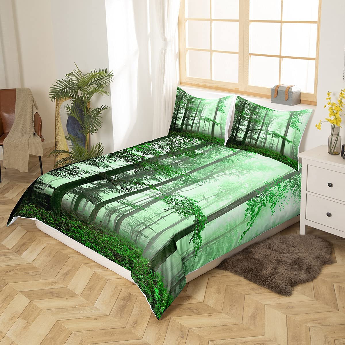 Tree Lush Bedding Set Dense Birch Trees with Green Leaves Duvet Cover Jungle Nature Botanical Print Comforter Cover, Mystical Under Heavy Fog Tall Trees Bed Set, Black Grey Queen Size