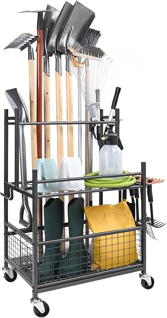 Garden Tool Organizer with 16 Slots and Hooks