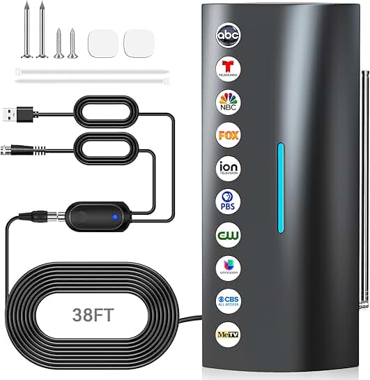 Indoor and outdoor digital antenna with amplifier for long-range HD TV reception