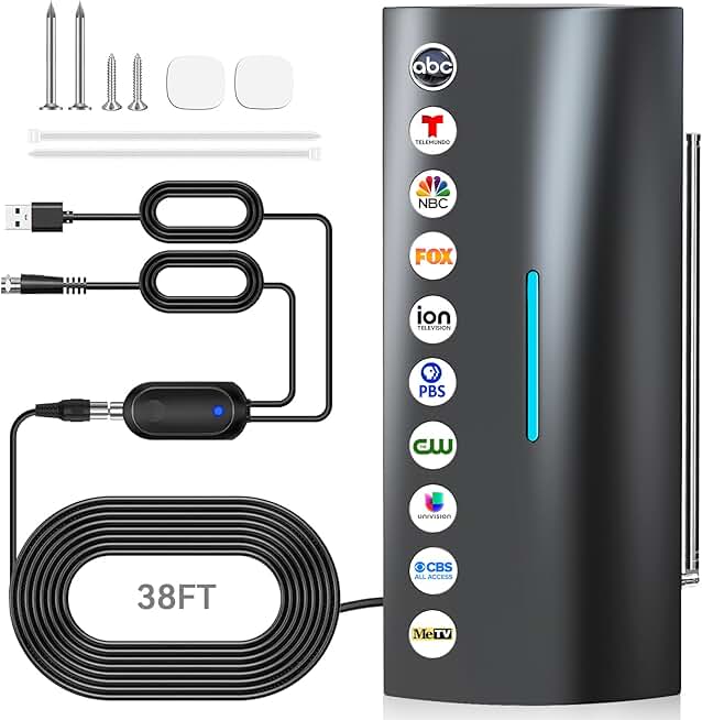 Indoor and outdoor digital antenna with amplifier for long-range HD TV reception