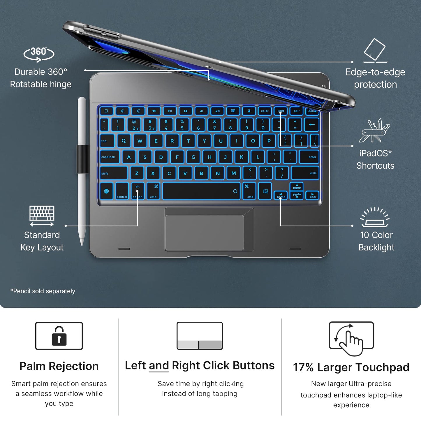 Touch Case with Keyboard for iPad 9th Generation (10.2", 2021), Multi-Touch Trackpad, 10 Color Backlight, 360, Thin & Light - iPad 8th Gen (2020), 7th Gen (2019), Air 3, Pro 10.5 (Space Gray)