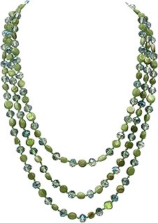 Three-Layer Beaded Necklace with Blue and Green Turquoise Shell and Crystal Beads