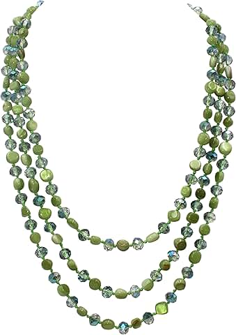 Three-Layer Beaded Necklace with Blue and Green Turquoise Shell and Crystal Beads