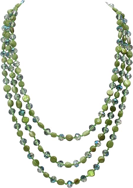 Three-Layer Beaded Necklace with Blue and Green Turquoise Shell and Crystal Beads