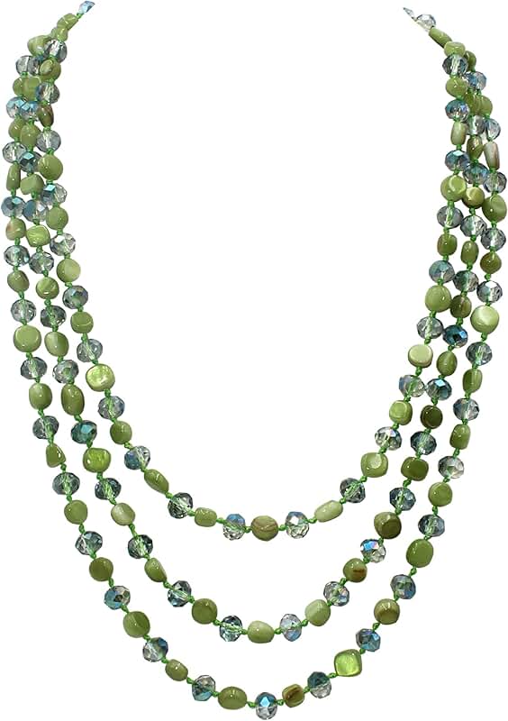 Three-Layer Beaded Necklace with Blue and Green Turquoise Shell and Crystal Beads