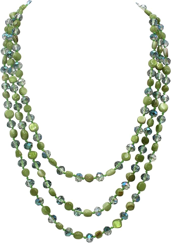 Three-Layer Beaded Necklace with Blue and Green Turquoise Shell and Crystal Beads