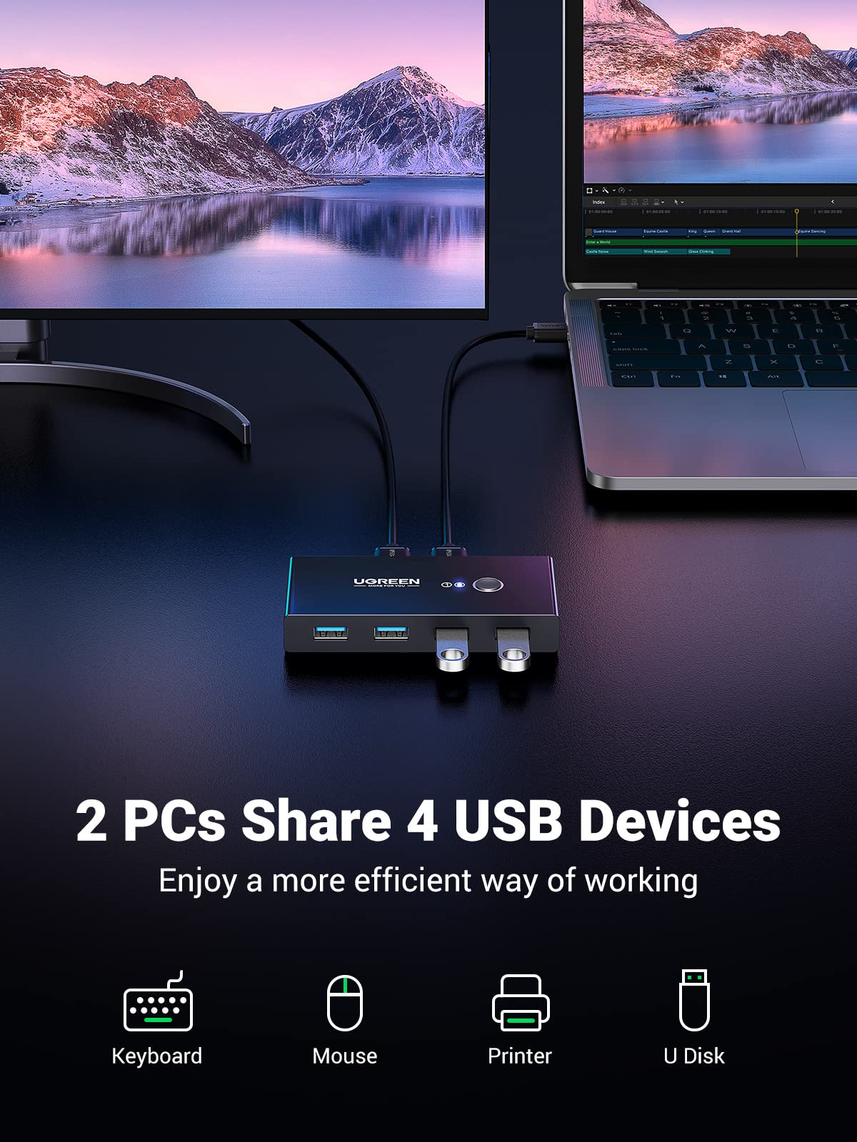 USB 3.0 Switch Selector 4 Port 2 Computers Peripheral Switcher Adapter Hub for PC Printer Scanner Mouse Keyboard with One Button Switch and 2 Pack USB Male Cable