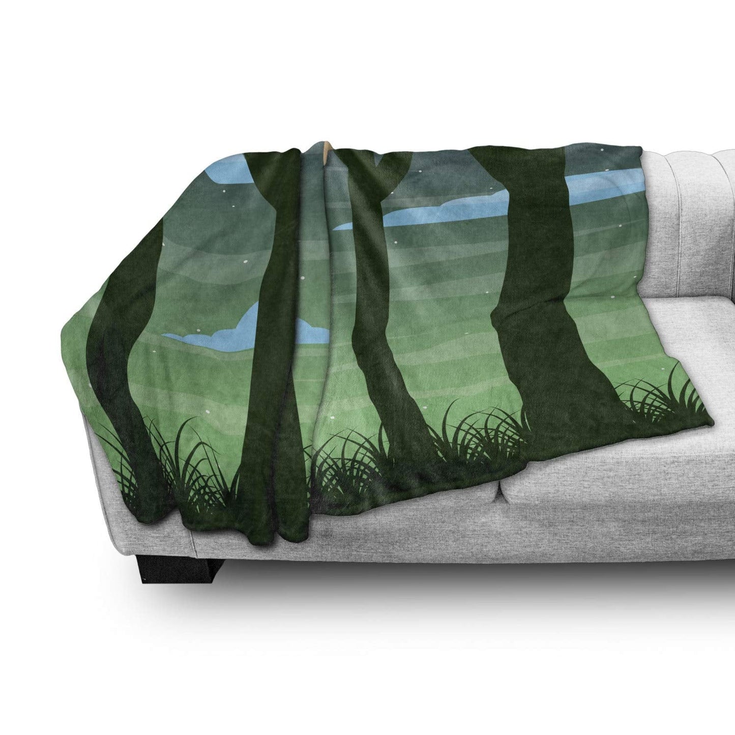 Garden Mist Throw Blanket, Dreamy Forest Trees at Night Sky with Crescent Moon Cloud and Stars, Flannel Fleece Accent Piece Soft Couch Cover for Adults, 50" x 70", Green Multicolor