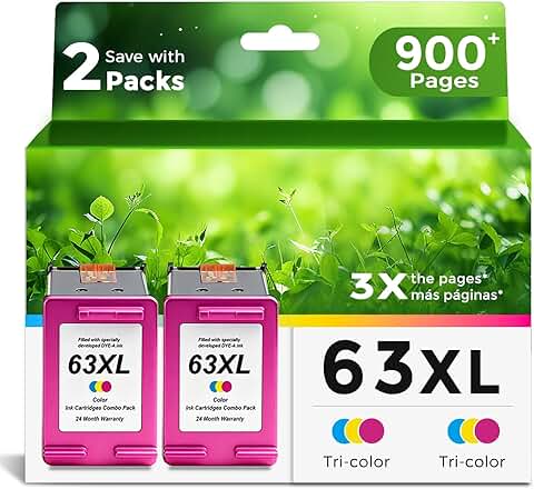 Color Ink Cartridges for HP 63 XL, 2-Pack