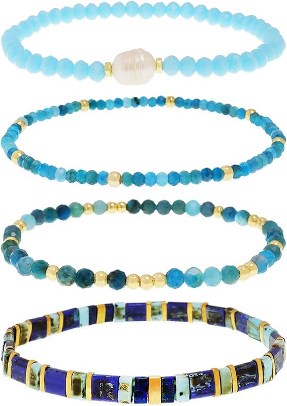 Flat gemstone bead stack bracelets for women