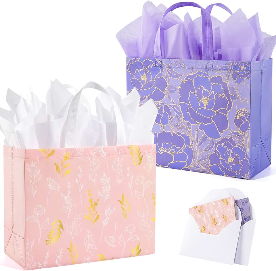 Set of two 13-inch gift bags with greeting card and tissue