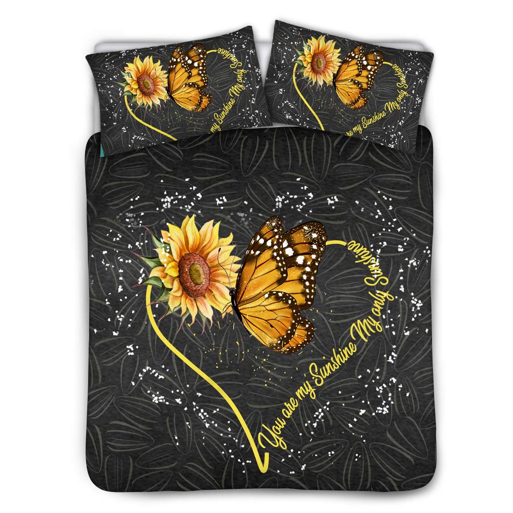 Sunflower Butterfly Heart Bedding Set for Women Girly Full Size Ultra-Soft Cotton Quilt Comforter Cover  Beige Twin Size 68 x 88 inch)